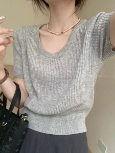 K-style Casual U Collar Short Ice Silk Sweater Summer New Arrival Easiest for Match Pure Color Younger Short Sleeve Tops Elegant T-shirt Women