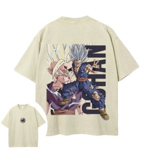 Bandai | Dragon Ball Mens and Womens Washed T-Shirt Son Goku Gohan Summer and Spring New Anime Tee Retro  Distressed Punk Short Sleeve