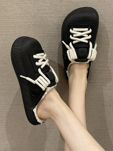 Waterproof Cotton Slippers Womens Winter Outdoor Fashion Shoes with Ties Anti-Slip Thick Bottom Home Indoor Fleece Lined Warm Fur Slippers