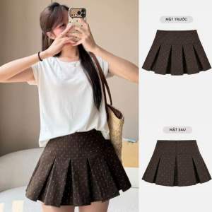 Chân váy xếp ly bản lớn dáng ngắn cạp cao hoạ tiết chấm bi dễ thương