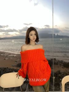 Thickened Long Sleeve One Shoulder Knitted Sweater Womens Loose Fit Autumn Winter Casual Style Orange Red New Year Top