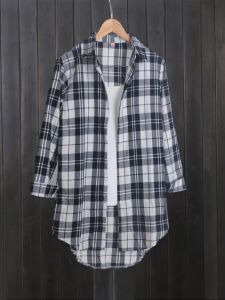 Áo Sơ Mi Kẻ Caro Cotton Lanh Dáng Rộng Dài Vừa Phải Cho Nữ Mùa Xuân 2025 Áo Khoác Ngoài Mỏng Cổ Polo Tay Dài Phong Cách Hàn Quốc