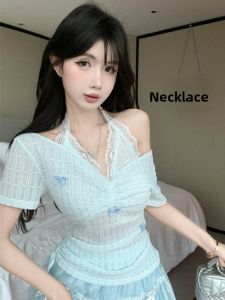 GUZILIAN | French Lace Splice Fake Two-Piece Hanging Neck Short Sleeve T-Shirt Women Summer Design Butterfly Drawstring Slimming Shoulder Exposure Top