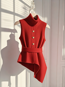 Mens Knitted Red Vest Fashionable Unique Popular Winter 2025 Style Commute Loose Fit Long Sleeve High Collar Single Piece