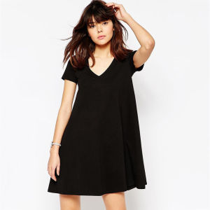 Váy Midi Cotton Dáng Rộng Cổ Chữ V Màu Đen Mới 2025 Cho Nữ Cỡ Lớn Che Bụng Váy Công Sở Mùa Hè Thường Ngày Váy Chữ a