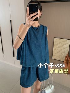 150 Little Sized Man Back Stylish round Neck Denim Sleeveless Vest Female Summer High Waist Wide Leg Shorts Two-piece Set