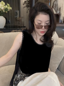 plus Size Black Lace Trim Velvet Vest Summer New Style Loose Slimming Sleeveless Top Womens Casual Wear Comfortable Breathable