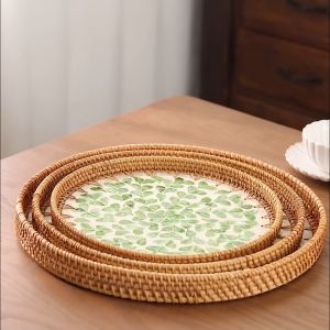 ถาดเปลือกหอยสานหวาย ถาดสีสันสดใสหรูหรา ถาดผลไม้สร้างสรรค์ ถาดขนมขบเคี้ยวในครัวเรือน ถาดเก็บอาหารเช้า ถาดกาแฟ ถาดลายใบไม้