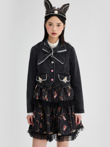 EYEDOLL Retro Butterfly Knot Tie Lace Trim V-neck Denim Long Sleeve Short Jacket Womens Outerwear Cotton Casual Style