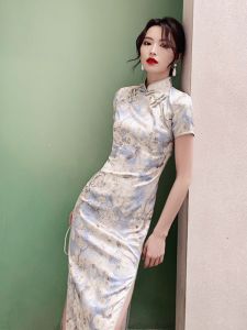 French Style Cheongsam Young Girl Long Version Retro Elegant Floral Print Short Sleeve Daily Wear Low Slit Polyester Fiber