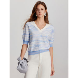 Elle | Blue French Gradient V-Neck Knitwear Thin Mid-Sleeve Sweater