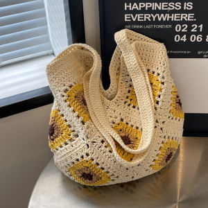 Vacation Inspired Hollow out Knit Straw Tote Bag Retro Style Summer New Cotton Bucket Shape Shoulder Bag for Casual Use