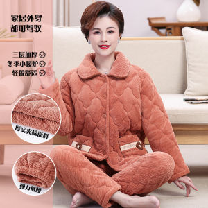 Fenteng Coral Fleece Sleepwear Womens Winter Thickened Cotton Sandwich Home Clothes Long Sleeve Pants Leisure Home Scene