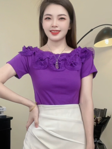 off-Shoulder Western Style Three-Dimensional Applique Short Sleeve Tops 2024 Summer New Arrival T-Shirt Silm Slim Looking Ruffled Shirt