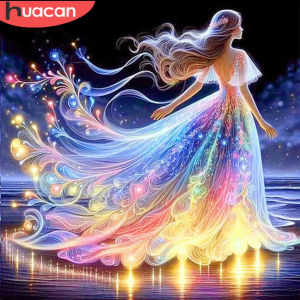 HUACAN Diamond Mosaic 5D Girl Portrait Painting Full Square Round Seaside New Arrivals Evening Dress Personalized Gift