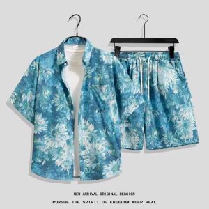 LIIEN NOOS | Thai Floral Style Hawaiian Shirt and Shorts Set for Summer Cool Fabric