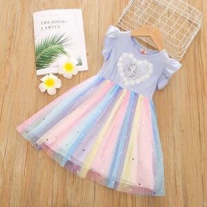 Princess Style Rainbow Printed Summer Dress for Girls Childrens Clothing Puffy Skirt Fashionable Kids Dress 2024 New Arrival