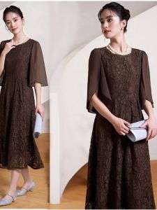 Elegant Lace Long Dress Summer New Style French Style Midi Sleeve Long Skirt Small Dress Skirt Commute Korean High Waist Polyester
