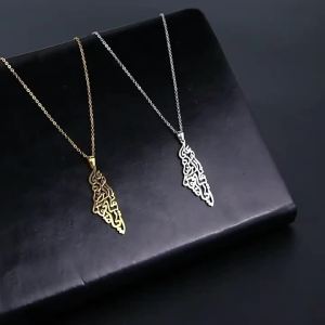 Ethnic Arabic Calligraphy Palestine Map Pendant Necklace For Women Men Stainless Steel Jewelry