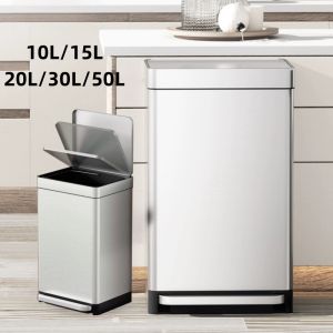 10L/15L/20L/30L/50l square stainless metal trash can bin big with pedal with cover for room bathroom kitchen office garbage with detachable Plastic bucket
