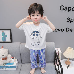 Boys Summer Thin Modal Pyjamas High Waist Home Clothes Set Breathable Moisture Wicking Cartoon Print round Neck Sleeve Length Pyjamas