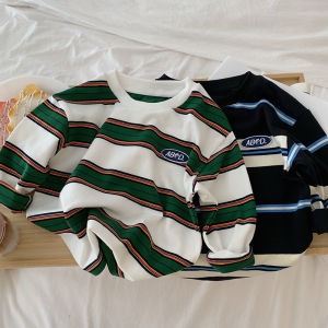 2025 autumn Children Clothes Girls Long Sleeves Bottoming Shirts Cool Boys Stripe Cotton T-shirt Teen Loose Casual 2-7y Kids Top
