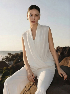 AMII | Elegant Commute Asymmetric Draped V-neck Sleeveless Loose Chiffon Top