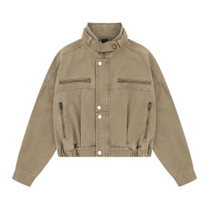 Retro Workwear Loose Short Jacket Multiple Pockets Fall Ready Biker Style Stand Collar
