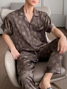ผู้ชาย ฤดูร้อน ชุดนอน หลวม แขนสั้น ผ้าไหม ชุดอยู่บ้านแบรนด์หรูคู่รักสองชิ้นสบาย พลัสไซส์ กางเกง