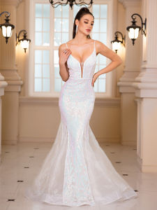 Romagic Deep V Neck Sleeveless White Wedding Party Dress Luxury Spaghetti Strap Sequined Evening Gown Women Maxi Dresses 2025