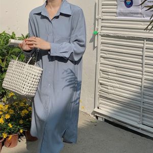 Váy Sơ Mi Dài Rộng Rãi Đa Năng Có Tay Áo Dài Tay Cổ Bẻ Váy Chữ a Màu Trơn Khóa Cài Đơn Mùa Thu Polyester 100%