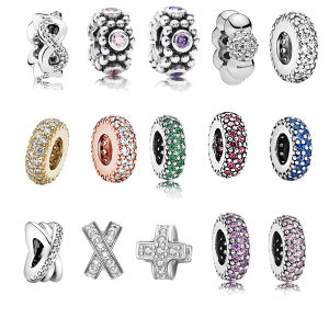 Europeans DIY Sparkling Clear,Blue,Rose gold,Green Sparkle Spacer Charm Bead Fit Original 925 Sterling Silver Bracelet Jewelry