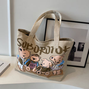 Large Capacity Canvas Tote Bag Womens Fashionable Cartoon Bear Handbag School Supplies Single Shoulder Bag Commuting Purse