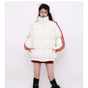 plus Size Cotton Jacket Thickened Bread Warm Contrast Color Cotton Coat for plus Size Women Striped American Style Winter Outerwear