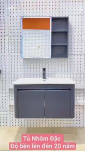 Bộ tủ lavabo màu xám kèm tủ gương có đèn led size 80cm
