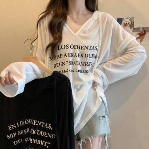 Loose Long Sleeve V-Neck T-Shirt Women Summer Fashion Thin Version Midi Length Hat Sun Protection Cover up Cotton Material