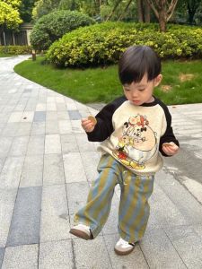 Boys Color Block Hoodie Cartoon Print Loose Fit Sweatshirt And Pants Set for Spring Autumn Korean Style Casual Wear