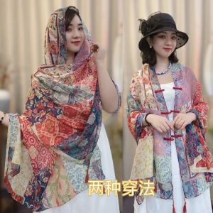 ฤดูร้อน น้ำหนักเบา ผ้าฝ้าย ผ้าลินิน ผ้าคลุมไหล่ผ้าพันคอเดินทางลมแห่งชาติ Xingjiang พู่ปุ่มยึด ดีไซน์ ผ้าพันคออเนกประสงค์