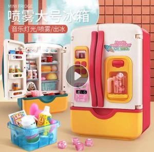 Kids Pretend Play House Kitchen Toys Simulation Spray Mist Fridge Accessories with Ice Refrigerator Cutting Food Toys