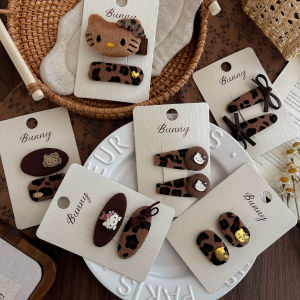 New Sweet Cool Leopard Print KT Cat Geometric Hair Clips Childrens Hair Accessories Fabric INS Girl Hairpins Forehead Fringe Edge Clips