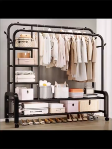 ORDNEVO Clothes Rack Floor-standing Bedroom Clothes Hanger Floor Laundry Drying Rack Double Rod With Wheels 180CM