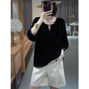 Fashionable Vintage Velvet Short Sleeve T-Shirt Womens Loose Fit Slimming Base Layer Shirt Summer Casual Comfortable Top