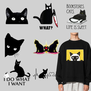 Funny Cartoon Black Cat Print Heat Transfer Washable Iron On Pattern Diy t-Shirt Decorative Suitable For Fabrics t-Shirts