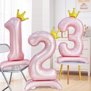 42 Inch Stand up Pink Crown Digital Balloons Childrens Birthday Year Old Party Scene Decoration Photo Props Gifts