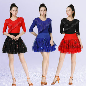 Áo Biểu Diễn Khiêu Vũ Latin Mới Dành Cho Nữ Áo Chui Đầu Tay Tay Giữa Váy Nửa Thân Lấp Lánh Đính Đá Rhinestone Quần Áo Khiêu Vũ Gitterba