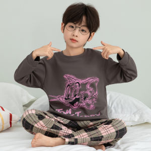 Korean Style Boys Sleepwear Long Sleeve Pure Cotton Home Clothes Set Autumn Season Comfortable Soft round Neck Pullover Suit