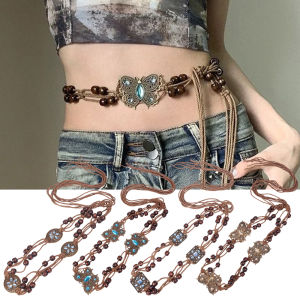 สายคาดเอวแฟชั่นสไตล์สไตล์โบฮีเมียนลูกปัดกำไลข้อมือสตรีผีเสื้อวรรณกรรมย้อนยุคเข็มขัดถักด้วยมืออุปกรณ์เข็มขัดชุดเดรส