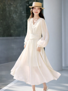 MOHANYIMEI | Slimming Lantern Sleeve V-Neck Wrinkle Waist Fitted Commute & Vacation Dress