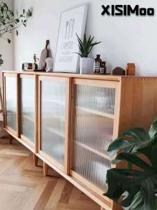 Nordic Style Solid Wood Floor Standing Kitchen Storage Cabinet Tea Water Cabinet against Wall Thin Low Cabinet Living Room