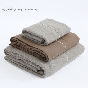 Bộ Drap Ba Lớp Cotton Sọc Caro Giường Đôi
